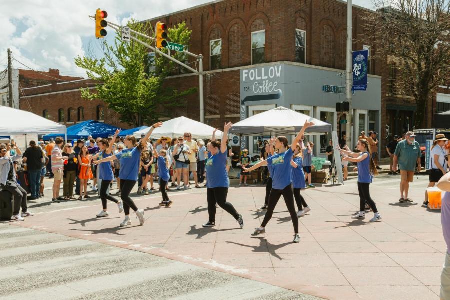 Dancers in Ocooe and First Streets in Cleveland during the 2026 Hot Slaw festival