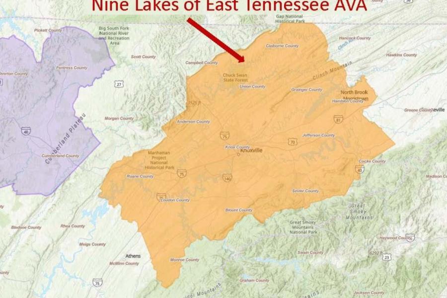 Map of the Nine Lakes of East Tennessee AVA
