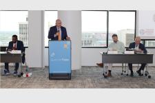 From left to right, TML President and Bolivar Mayor Julian McTizic, TML Executive Director Anthony Haynes, TML 2nd Vice President and Lawrenceburg Mayor Blake Lay, and TML 1st Vice President and Cleveland Mayor Brooks participate in the June TML Board meeting.